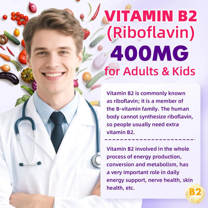 VCCHUYH Vitamin B2 Gummies for Kids & Adults, VIT B2 Riboflavin 400mg Supplement with Magnesium for Migraine Relief & Nervous System Support, Non-GMO, VCCHUYH