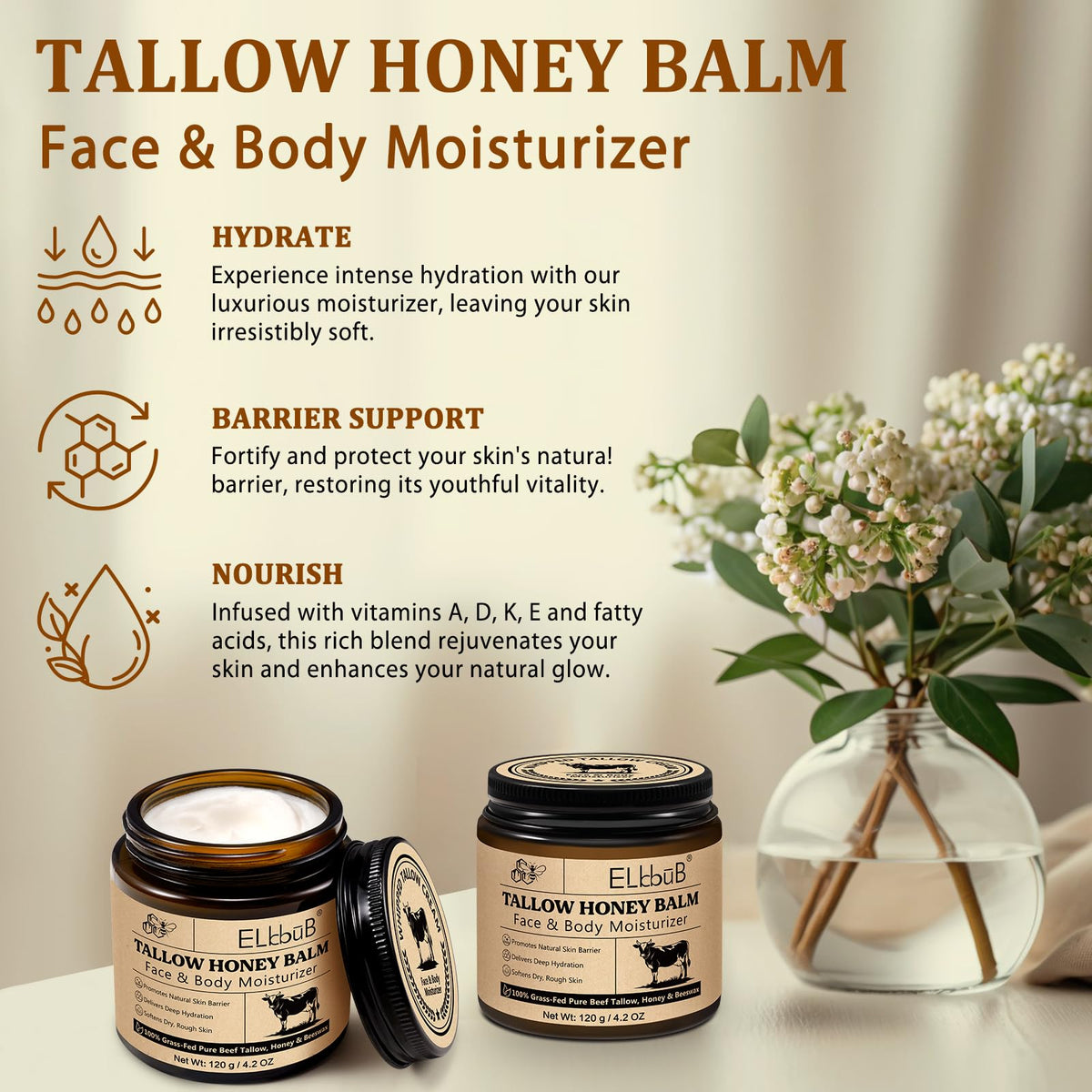 ELBBUB Whipped Tallow Cream for Face & Body - 100% Grass-Fed Beef Tallow, Natural Honey & Beeswax Moisturizer, Deep Hydration & Nourishment, Oil-Free & Unscented, Fast Absorbing ELBBUB