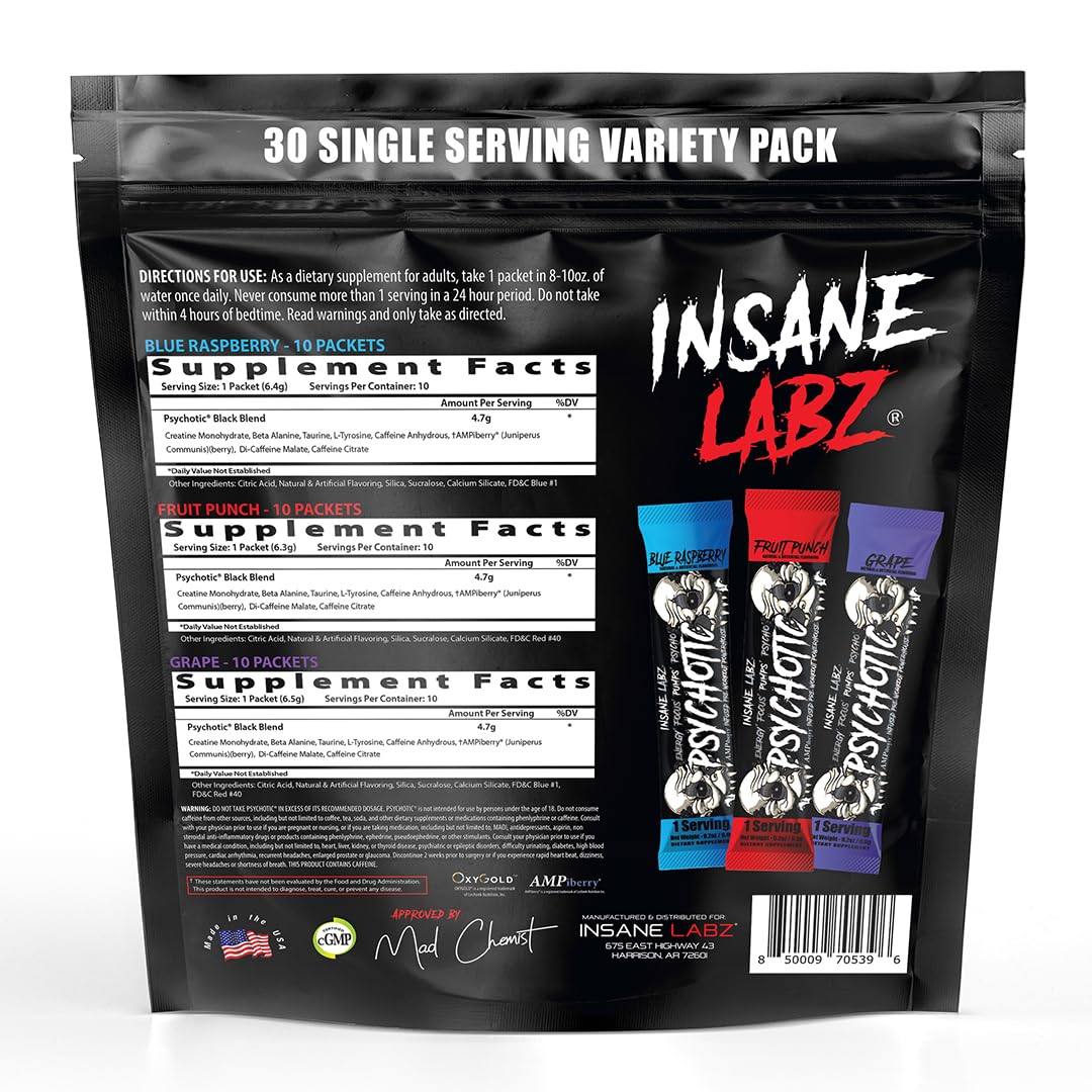 Insane Labz Psychotic Black Edition Mid Stimulant Pre Workout Powder, Energy Focus Pumps, Loaded with Creatine Beta Alanine Taurine Fueled by AMPiberry, 35 Servings (Blue Raspberry)