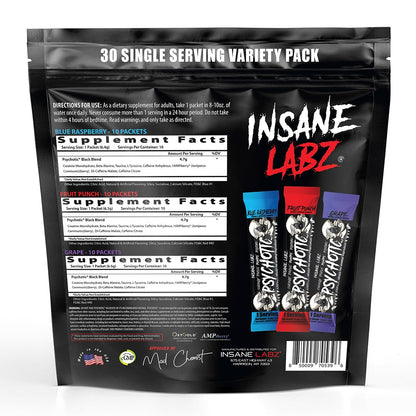 Insane Labz Psychotic Black Edition Mid Stimulant Pre Workout Powder, Energy Focus Pumps, Loaded with Creatine Beta Alanine Taurine Fueled by AMPiberry, 35 Servings (Blue Raspberry)