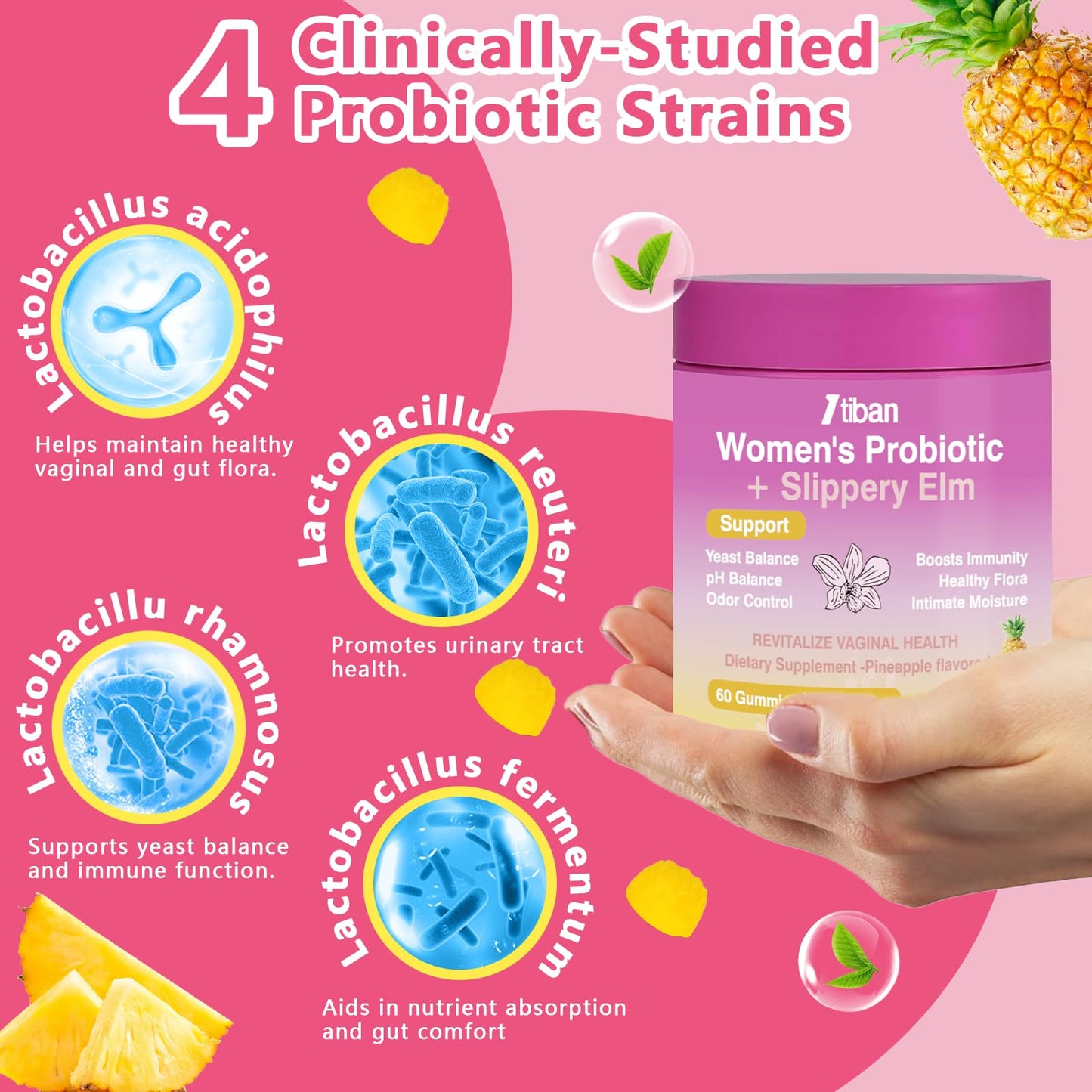 Itiban Feminine Vaginal Probiotics Gummies, Supports pH Balance & Digestive Health, Slippery Elm for Women, Suagr-Free Itiban