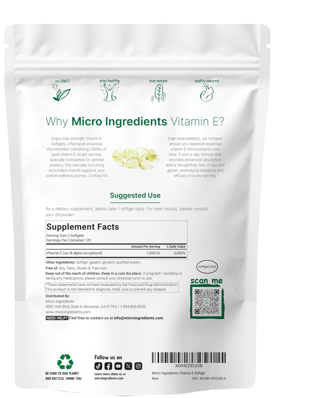 Micro Ingredients Vitamin E 1000 IU, 240 Softgels | Pure Vitamin E Oil Pills | Antioxidant Supplements for Skin and Face | Non-GMO, Gluten Free Micro Ingredients