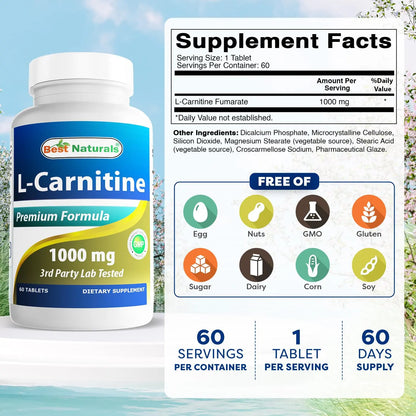 Best Naturals L-Carnitine 1000mg 60 Tablets (60 Count (Pack of 1)) Best Naturals