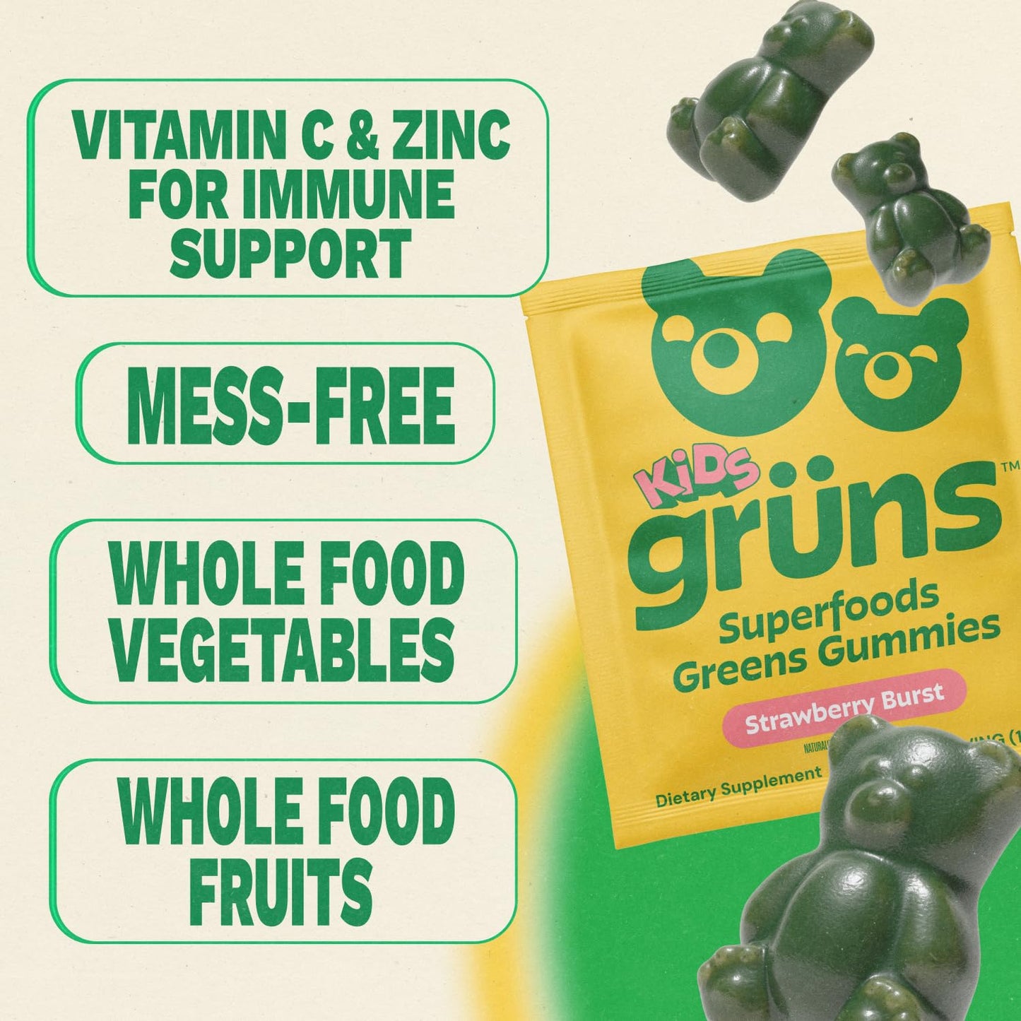 Gruns Multivitamin for Kids, Super Greens Gummies, Superfood Gummy Bears with 20+ Vitamins & Minerals, Spirulina, Chlorella, Alfalfa, Prebiotics Fiber for Digestive Health Grüns
