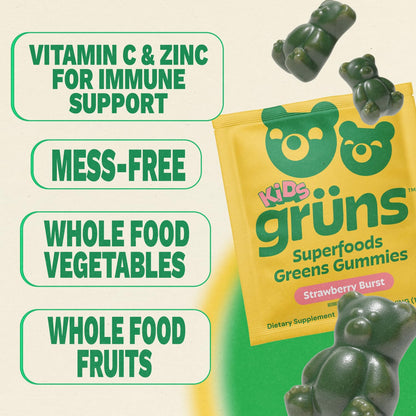 Gruns Multivitamin for Kids, Super Greens Gummies, Superfood Gummy Bears with 20+ Vitamins & Minerals, Spirulina, Chlorella, Alfalfa, Prebiotics Fiber for Digestive Health Grüns
