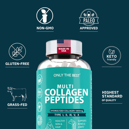 Premium Multi Collagen Peptides Capsules 1800mg - Types I, II, III, V, X To Support Skin, Hair, Nails - Helps Bones, Joints, Muscles, & Digestive Health Only The Best