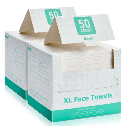 Borje Face Towels XXL, Disposable Face Towel 10" x 12", 100 Count (2 Packs of 50), 100% USDA Biobased Facial Towelettes, Ultra Soft & Hygienic Makeup Remover Dry Wipes for Women Cleansing Borje