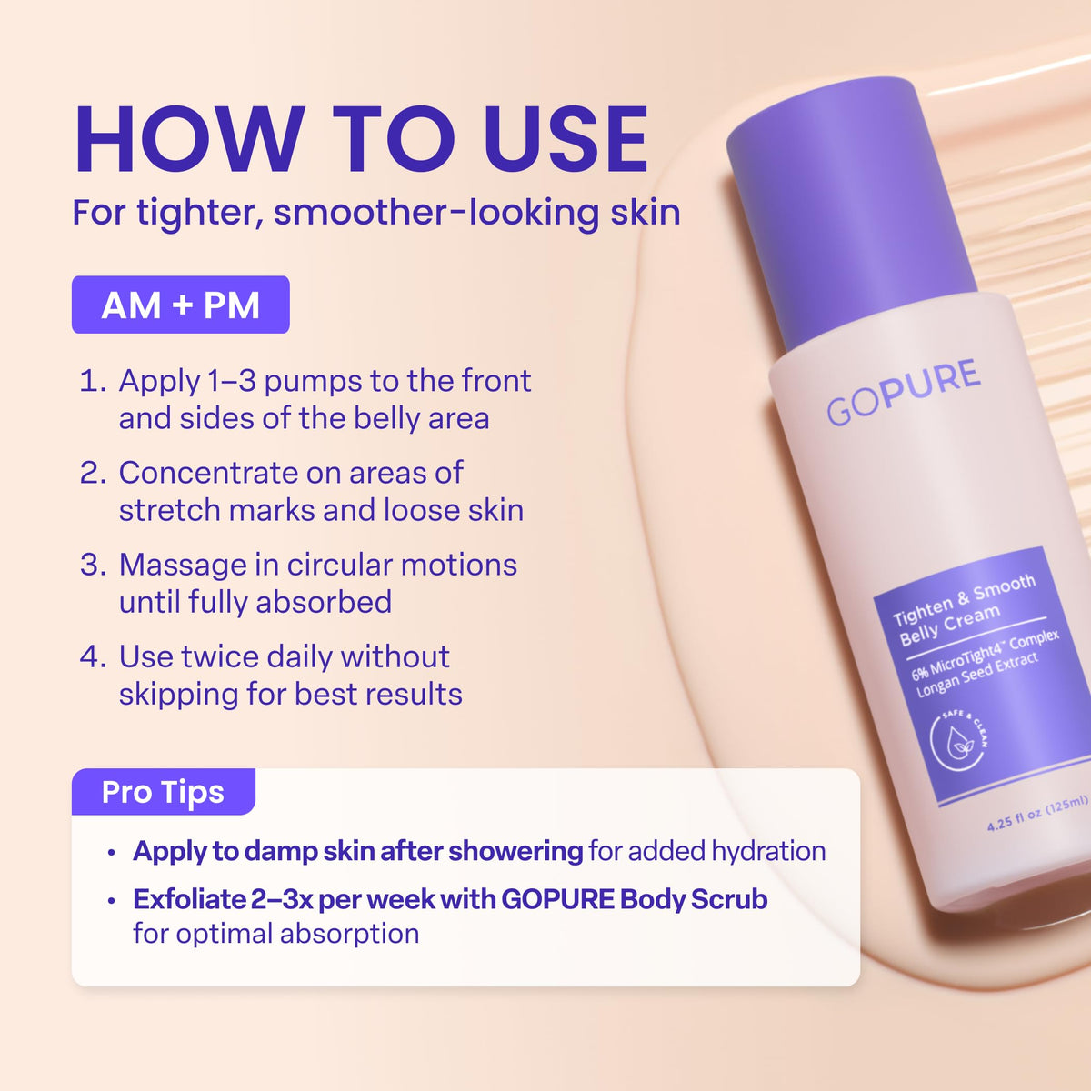 GOPURE Tighten & Smooth Belly Cream - Clinically Tested with MicroTight4 Complex to Reduce the Appearance of Cellulite & Stretch Marks - Quick Absorbing for Smoother, Firmer-Looking Skin, 4.25oz goPure