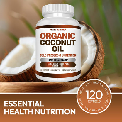 Arazo Nutrition Organic Coconut Oil 2000 MG Per Serving - 100% Extra Virgin Unrefined Cold Pressed for Weight Support, Skin, Hair, Nails - 120 Softgel Capsules Gsupps Australia