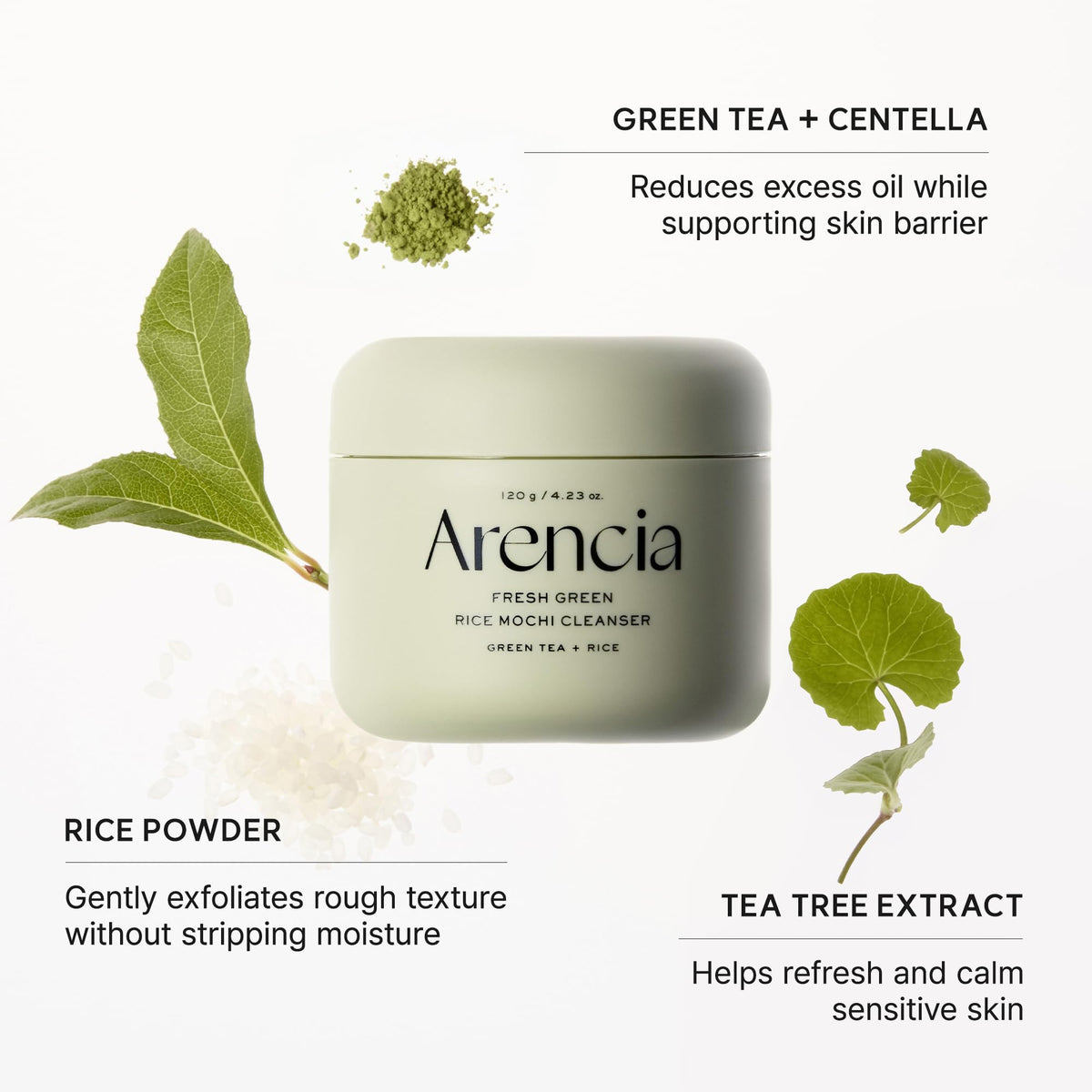 Arencia Korean Rice Mochi Face Cleanser - Face Wash, Gentle Scrub All in One for Deep Cleansing, Moisturizing, Pore Minimizing with Rice Water & Green Tea (4.23oz) ARENCIA