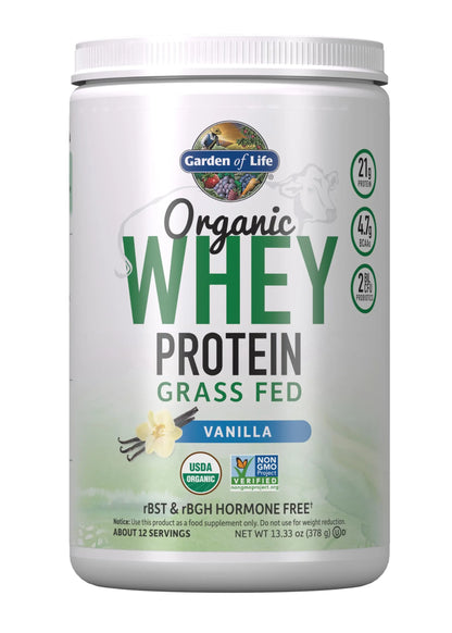 Garden of Life Grass Fed Whey Protein Powder Vanilla - 21g Protein for Women & Men + Probiotics - 12 Servings - Gluten Free, Non GMO, Kosher, Humane, RBST & rBGH Hormone Free Garden of Life
