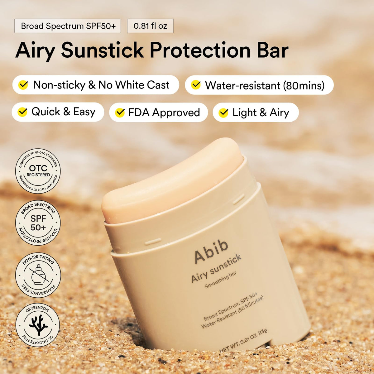 Abib Airy Sunstick Protection Bar SPF50+ Broad Spectrum, Semi-Matte Sunscreen Stick for Oily & Combination Skin, No White Cast, Water-Resistant, Korean Sunscreen, 0.81 oz / 23 g Abib