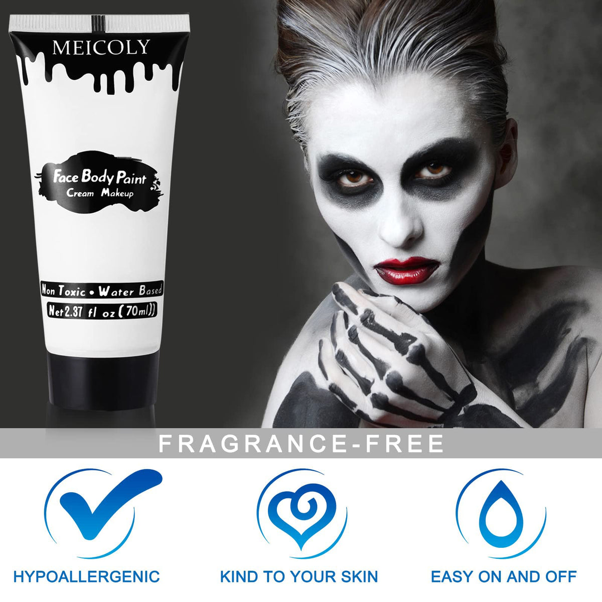 MEICOLY White Cream Face Body Paint,2.37Oz Large Tube Clown White Makeup,Water Based Full Body Paint for Adults and Kids,Halloween SFX Skull Joker Zombie Vampire Skeleton Goth Cosplay Mime Makeup MEICOLY