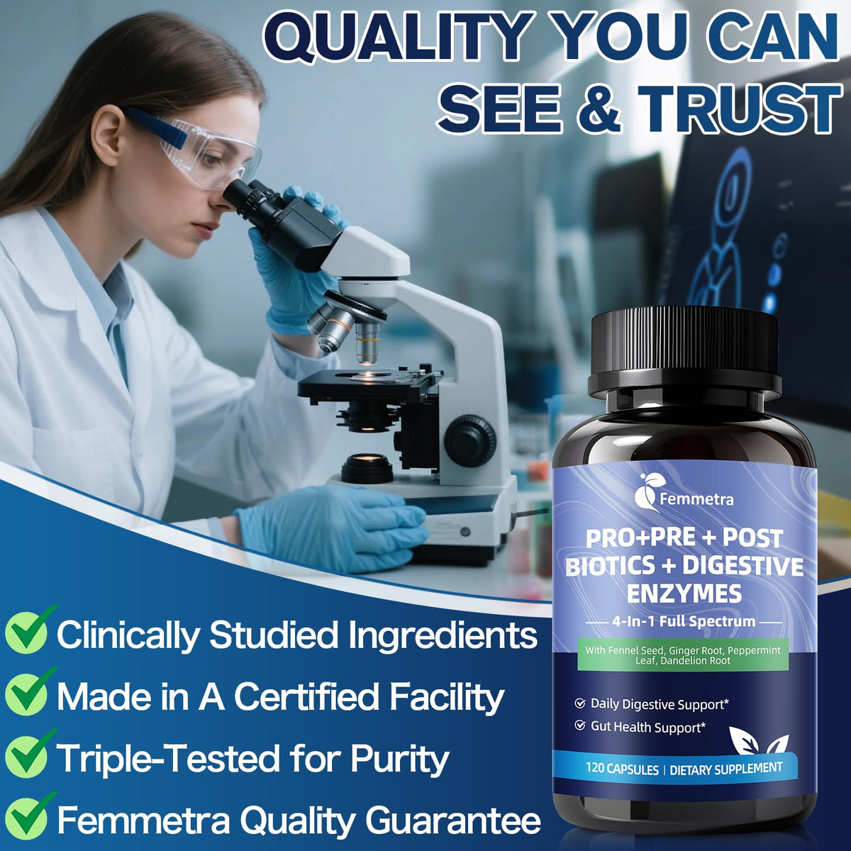 Ultra Probiotics for Women Men 200 Billion CFU - 36 Strains 14 Digestive Enzymes, 4 Anti-Bloat Herbs, 3 Prebiotic Fibers & 4 Postbiotics, Gut, Digestive, Regularity Femmetra