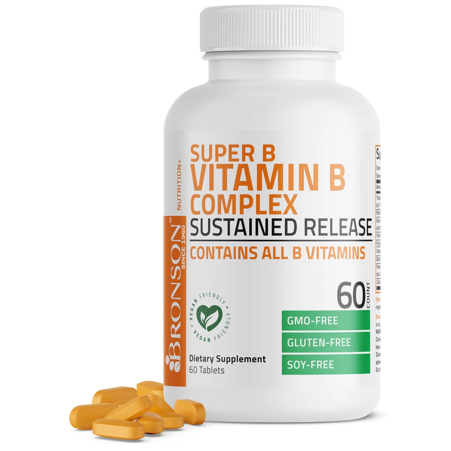 Bronson Super B Vitamin B Complex Sustained Slow Release (Vitamin B1, B2, B3, B6, B9 - Folic Acid, B12) Contains All B Vitamins 60 Tablets Bronson