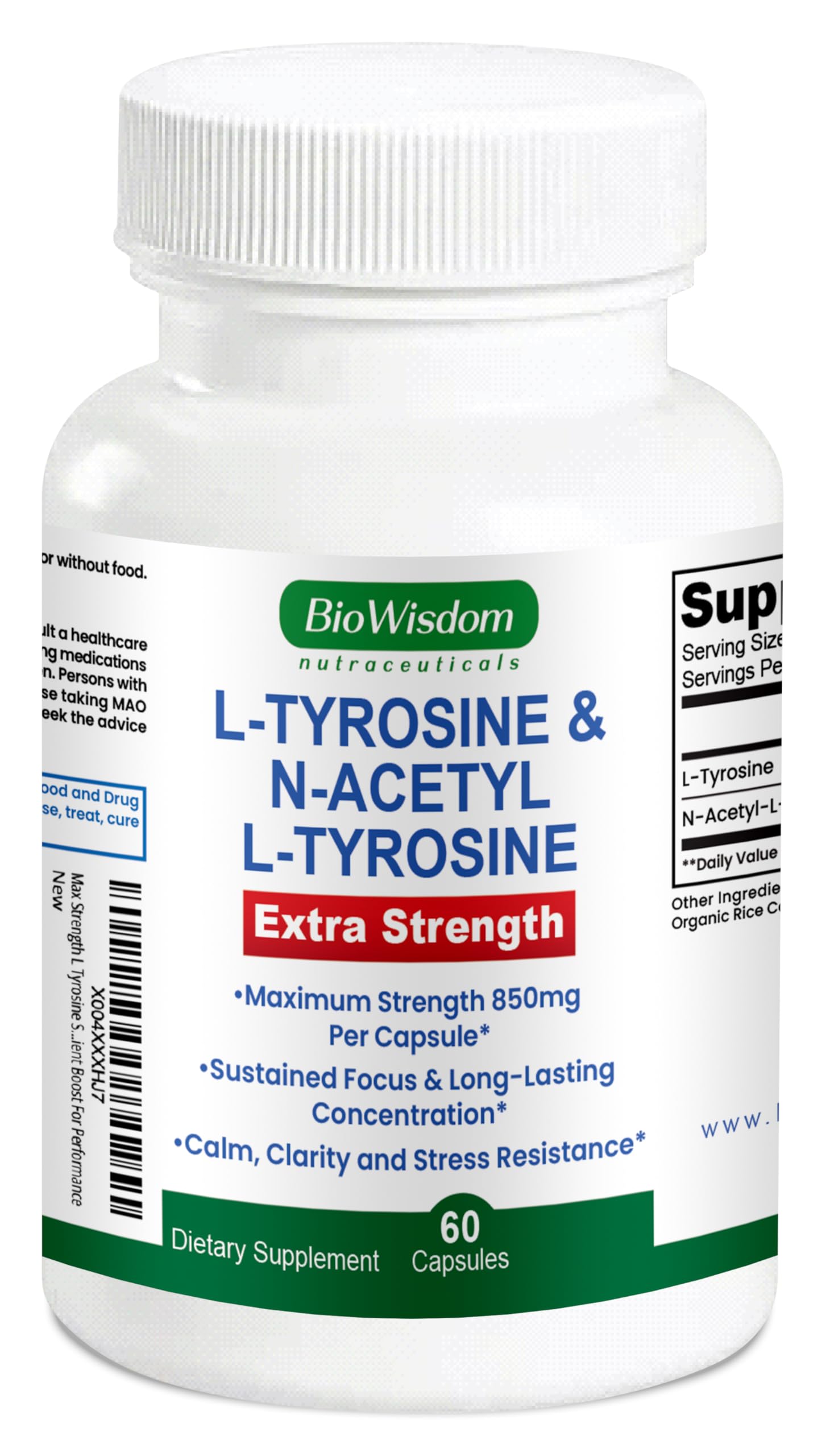 Max Strength L Tyrosine Supplement & N Acetyl L Tyrosine Peak Focus, Alertness, Concentration, Body & Mind Energy. L-Tyrosine 850mg Per 1 Capsule. A Well-Being Nutrient Boost For Performance BioWisdom Nutraceuticals buy australia supplements