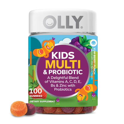 OLLY Kids Multivitamin & Probiotic Gummy, Digestive Support, Vitamins A, D, C, E, B, Zinc, Chewable Supplement, Berry Flavor, 50 day supply - 100 Count OLLY