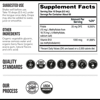L Methyl Folate 15mg Plus Methyl B12 Cofactor – Organic Berry Flavor, High Potency Liquid Sublingual Active 5-MTHF Form - Supports Mood, Methylation Triquetra Health