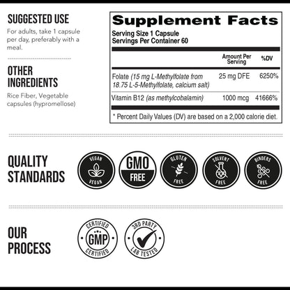 L Methyl Folate 15mg Plus Methyl B12 Cofactor – High Potency, Active 5-MTHF Form - Supports Mood, Methylation, Cognition Triquetra Health