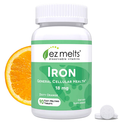 EZ Melts Iron - Supplement for Daily Energy & Iron Support - with Vitamin C - No Artificial Flavors - Non-GMO & Vegan - Zesty Orange EZ Melts