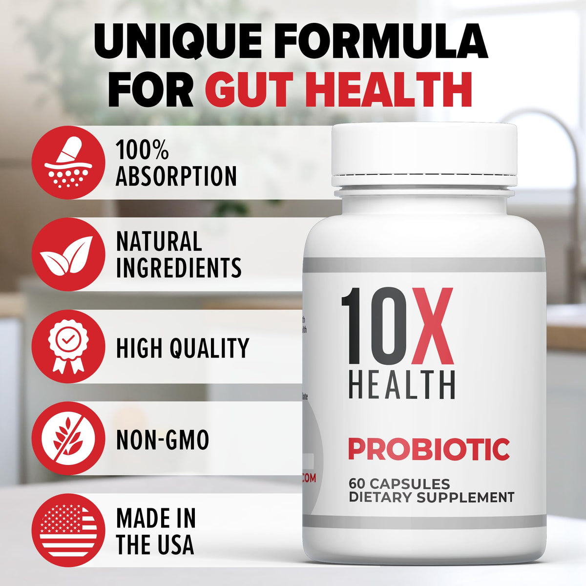 10X Health Probiotics for Men - 60 Capsules Immune Support Supplement & Probiotics for Digestive Health with Lactobacillus Rhamnosus, 10X Health System