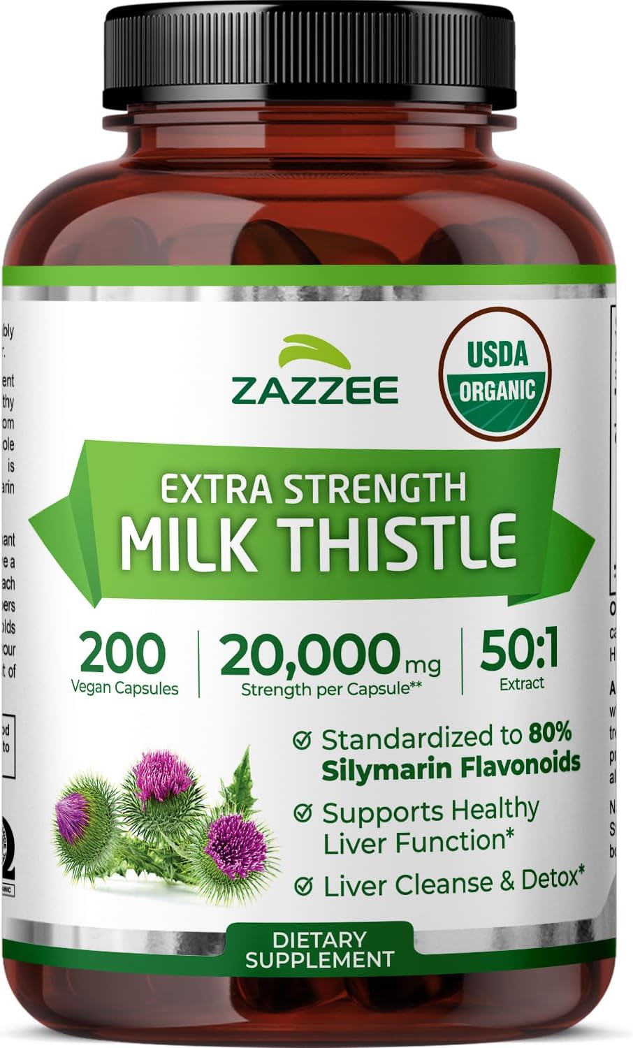 Zazzee USDA Organic Milk Thistle 50:1 Extract, 200 Vegan Capsules | 80% Silymarin Flavonoids, 6+ Month Supply, Silybum Marianum, Liver Support & Detox Support, All-Natural, Non-GMO, Made in USA Gsupps Australia