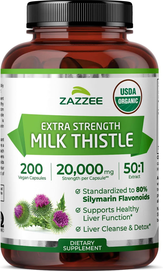 Zazzee USDA Organic Milk Thistle 50:1 Extract, 200 Vegan Capsules | 80% Silymarin Flavonoids, 6+ Month Supply, Silybum Marianum, Liver Support & Detox Support, All-Natural, Non-GMO, Made in USA Gsupps Australia