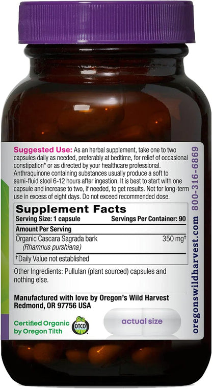 Oregon's Wild Harvest Cascara Sagrada Capsules - Organic Herbal Natural Laxative for Short-Term Constipation Relief Gsupps Australia