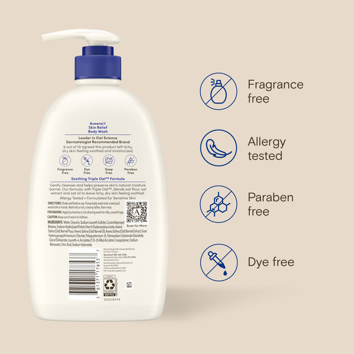 Aveeno Skin Relief Body Wash with Triple Oat Complex, Fragrance-Free, Gentle Daily Body Wash for Sensitive Skin Leaves Itchy, Dry Skin Feeling Soothed & Moisturized, Value Size 33 Fl Oz Aveeno