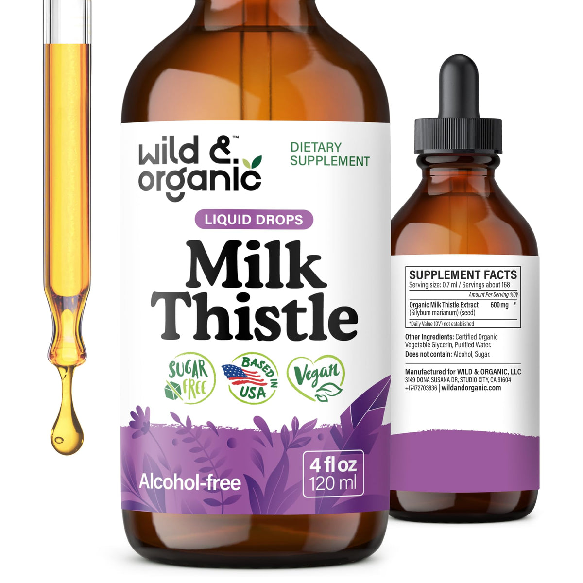 Wild & Organic Milk Thistle Liquid Drops - Liver Cleanse Detox - Silymarin Milk Thistle Supplement for Liver Support - Add to Tea - Silybum Marianum Seed Extract Tincture Wild & Organic
