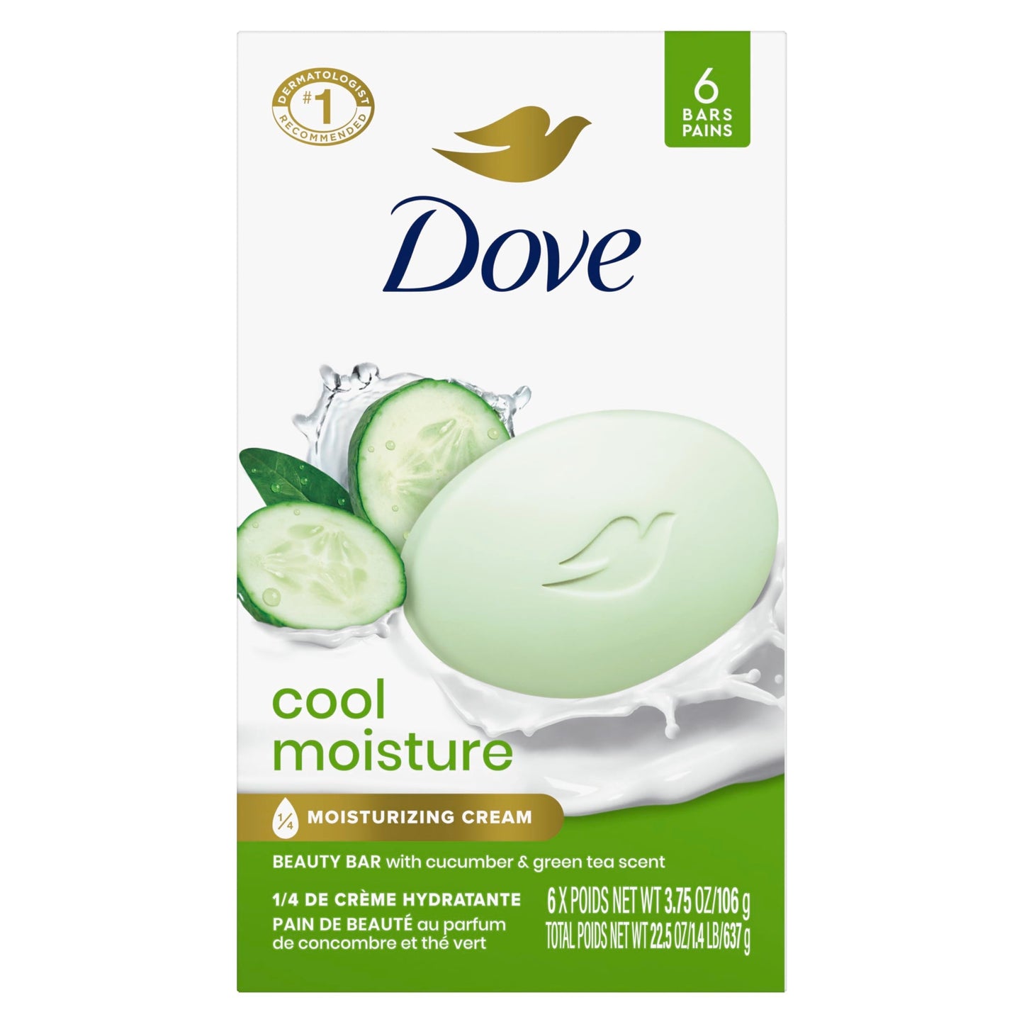 Dove Beauty Bar Soap Cool Moisture Cucumber & Green Tea Scent, 6 Bars for Refreshed Skin, Leaves Skin Refreshed 3.75 oz Dove