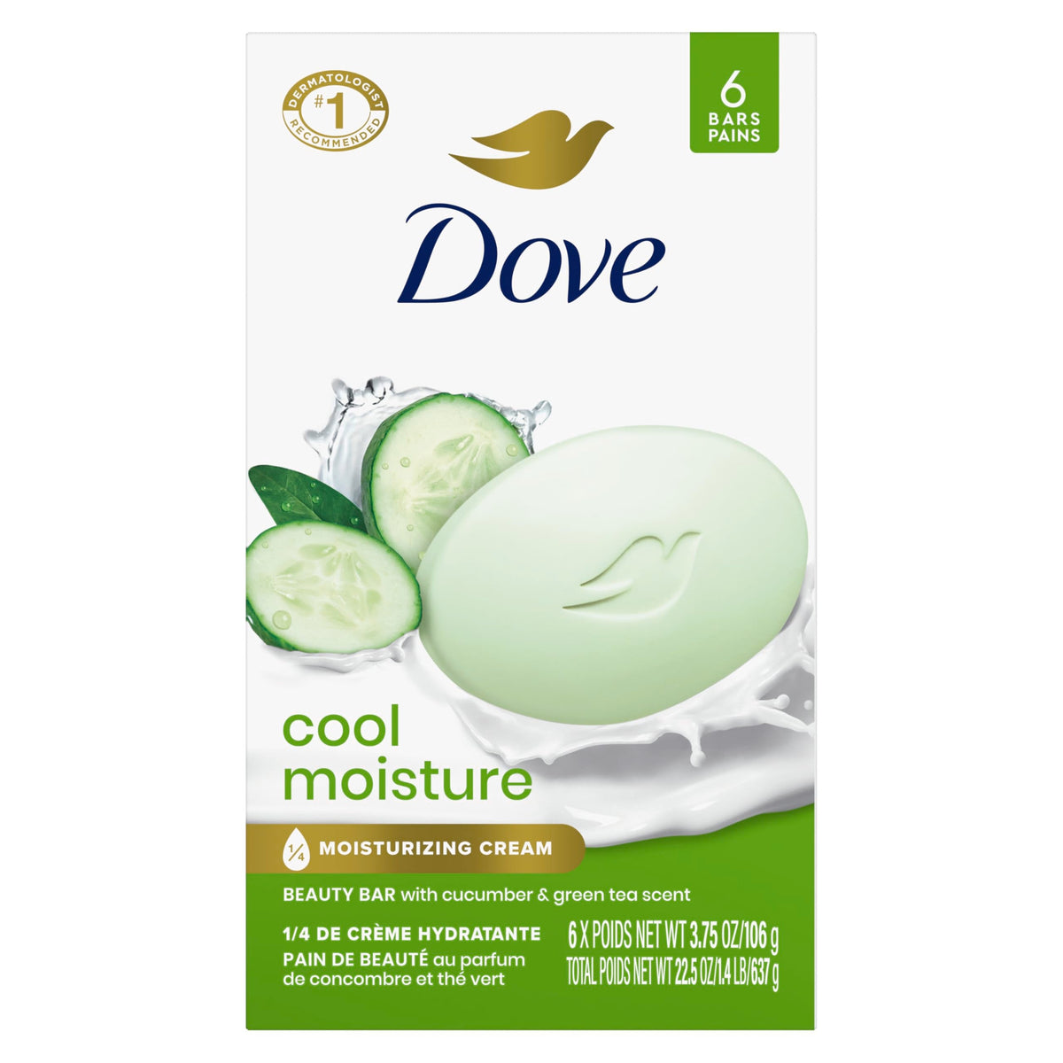 Dove Beauty Bar Soap Cool Moisture Cucumber & Green Tea Scent 6 Bars 3.75oz Dove
