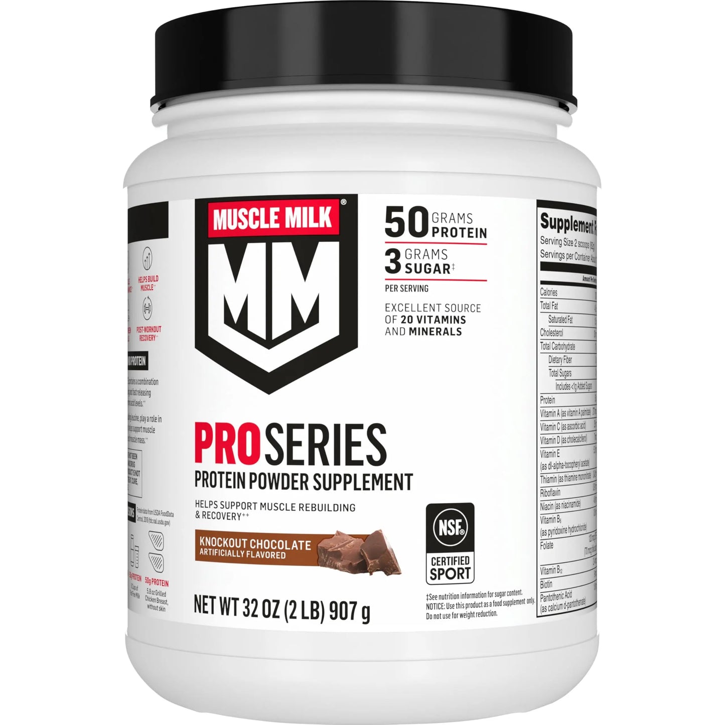 Muscle Milk Pro Series Protein Powder Supplement,Knockout Chocolate,2 Pound,11 Servings,50g Protein,3g Sugar,20 Vitamins & Minerals,NSF Certified for Sport,Workout Recovery,Packaging May Vary Muscle Milk