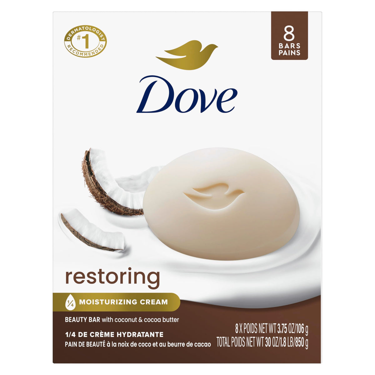 Dove Restoring Beauty Bar Soap, Coconut & Cocoa Butter, I 8 Count 3.75 oz Dove