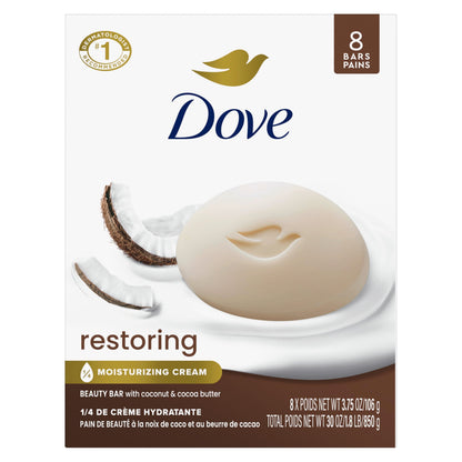 Dove Restoring Beauty Bar Soap, Coconut & Cocoa Butter, I 8 Count 3.75 oz Dove