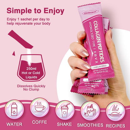 ZEBORA Multi Collagen Peptides Powder Packets with Hyaluronic Acid, Biotin, MCT - Hydrolyzed Collagen with 5 Billion Probiotics ZEBORA
