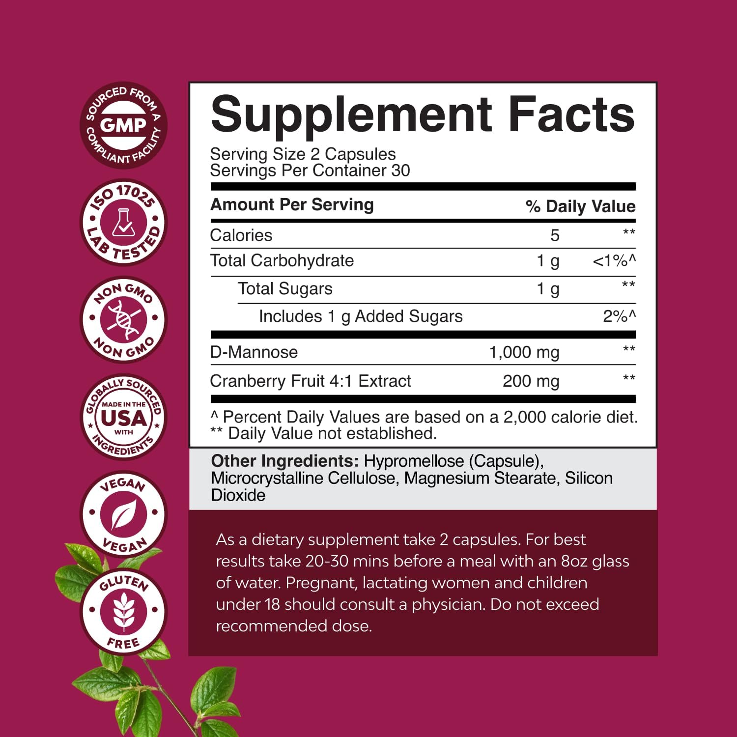 D Mannose with Cranberry Supplement - Potent D Mannose 1000mg Capsules for Kidney Defense Support & Cleanse and Urinary Tract Health for Women & Men - Bladder Health Supplement for Adults - 60 Count Gsupps Australia