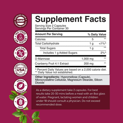D Mannose with Cranberry Supplement - Potent D Mannose 1000mg Capsules for Kidney Defense Support & Cleanse and Urinary Tract Health for Women & Men - Bladder Health Supplement for Adults - 60 Count Gsupps Australia