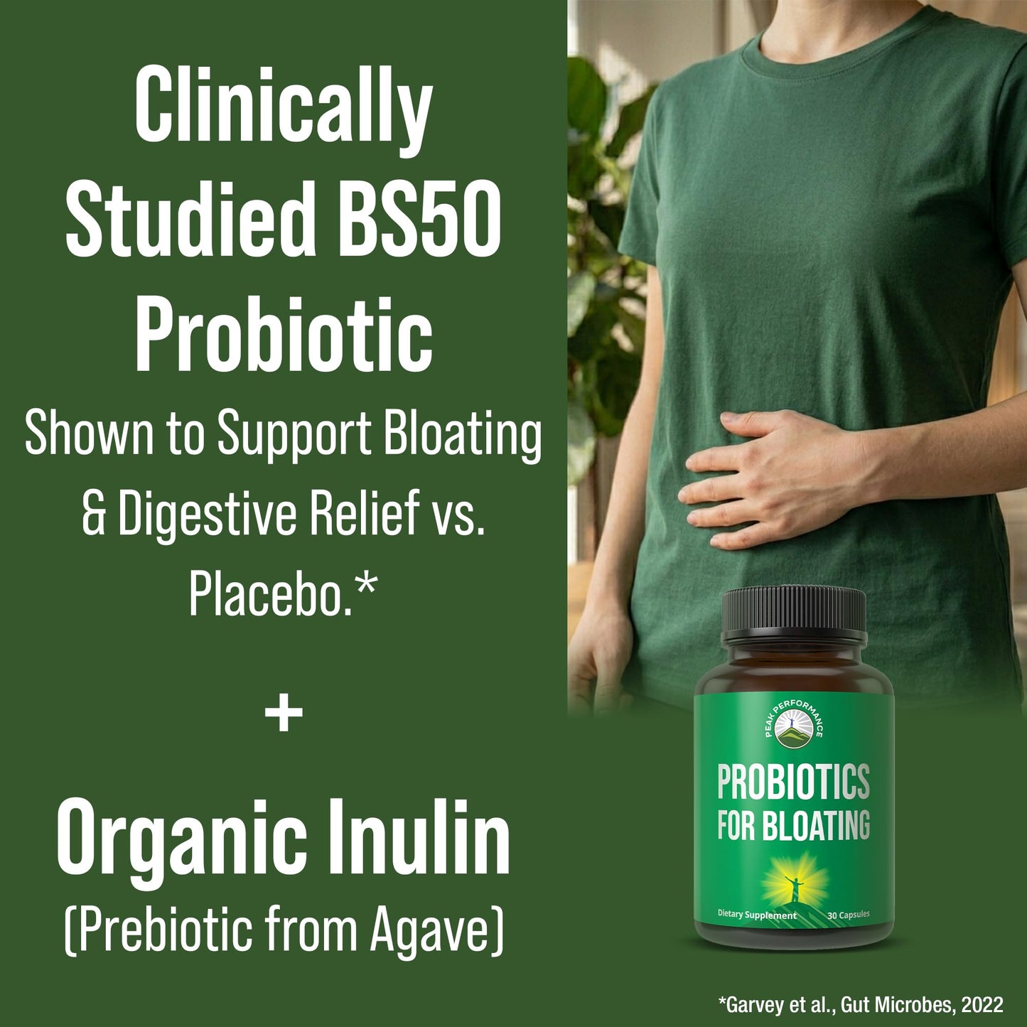 Bloat and Gas Probiotic - Proven Relief with Clinically Studied Bacillus Subtilis BS50 + Prebiotic Fiber - Fast Acting Anti Bloating Pills Supplement Peak Performance
