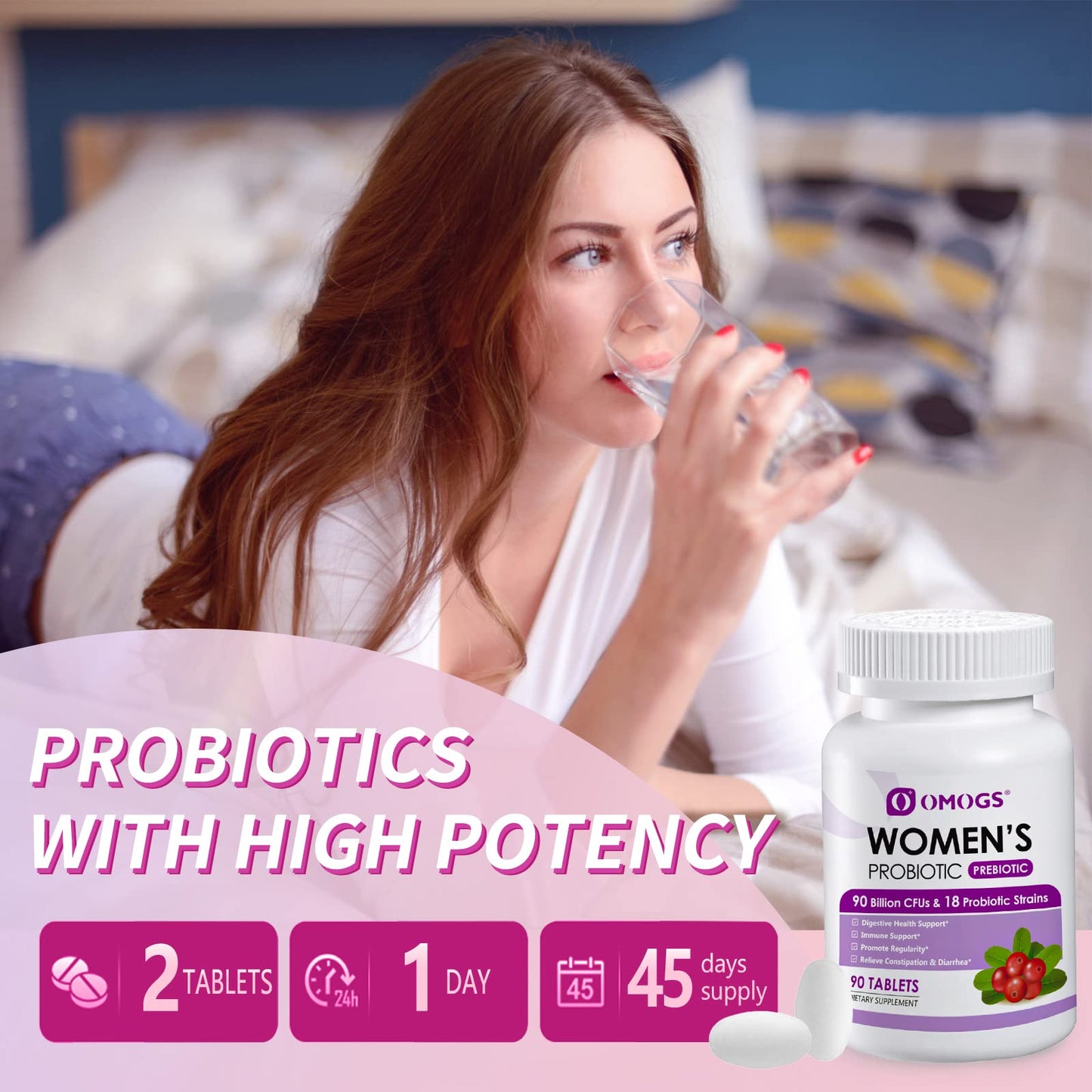 OMOGS Women's Probiotic, with Cranberry Extract, Organic Prebiotics & Vitamin C, 90 Billion CFUs,18 Strains, Help for Boost Immune, Digestive, Gut Health & Women's Health OMOGS