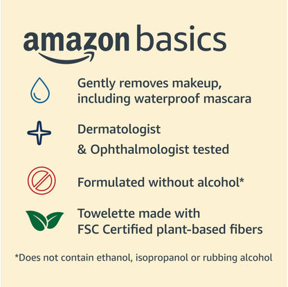 Amazon Basics Makeup Remover Wipes, Formulated without Fragrance and Alcohol-Free, Gentle Cleansing, Removes Waterproof Mascara, Dermatologist Tested, 25 Count, Pack of 2 Amazon Basics
