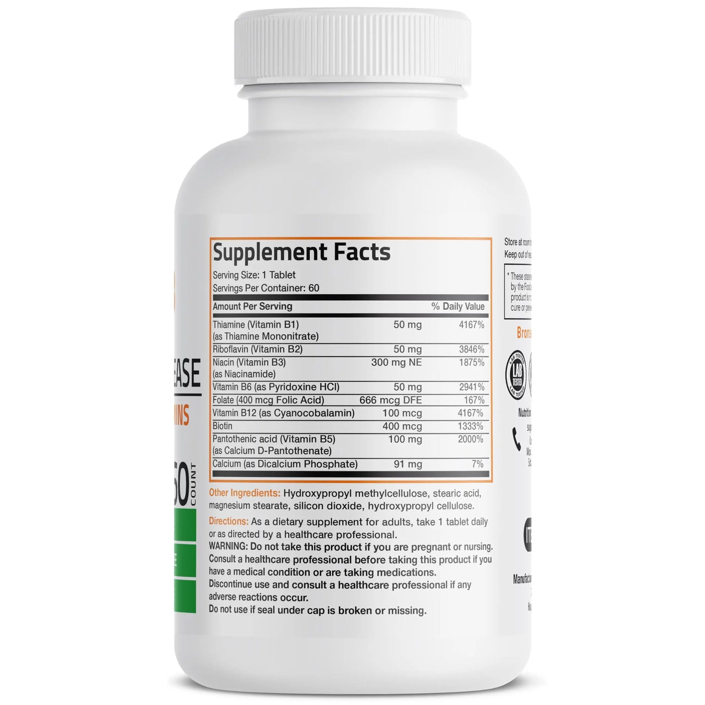 Bronson Super B Vitamin B Complex Sustained Slow Release (Vitamin B1, B2, B3, B6, B9 - Folic Acid, B12) Contains All B Vitamins 60 Tablets Bronson