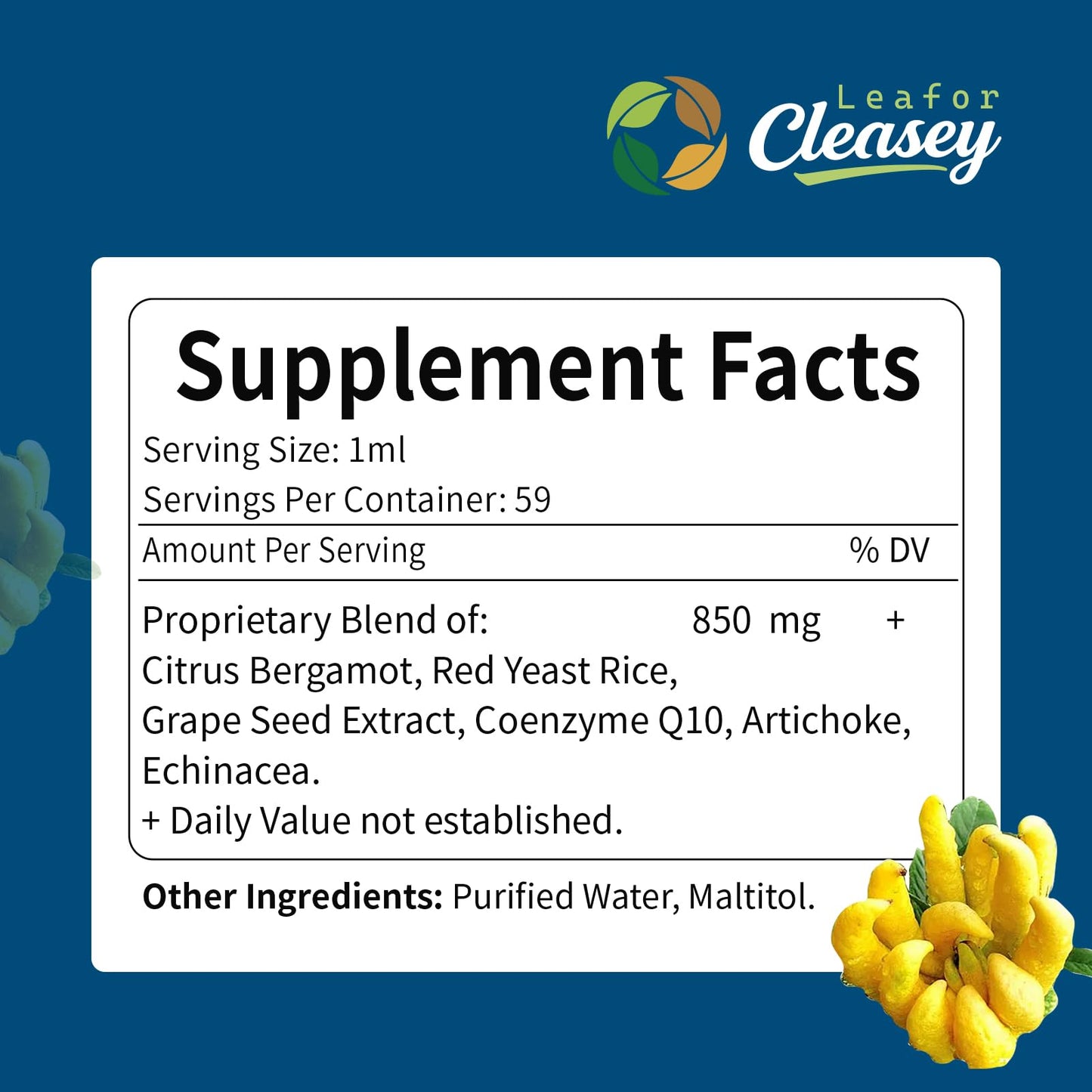 LeaforClensey Citrus Bergamot Liquid Drops for High Cholesterol, Bergamot Extract Blend Supplements with Red Yeast Rice & CoQ10 for Heart LeaforClensey