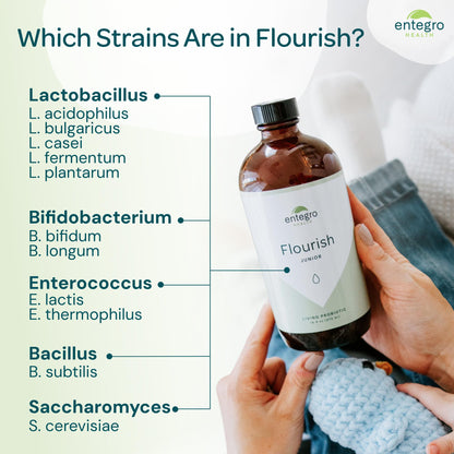 ENTEGRO Flourish Junior Liquid Probiotic & Postbiotic Supplement - Glass | 11 Live Cultures | Gut & Digestive Health for Women, Men & Kids | Organic, Vegan, Allergen Free | USA Made | 16 fl oz ENTEGRO