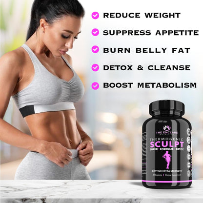 Thermogenic  Appetite Suppressant,  Supplement for Women & Men, Metabolism, Energy, Focus, Brain, Caffeine Pills with Chromium, Green Tea Extract, L Theanine, Sculpt 60 Capsules THE ENCLARE NUTRITION