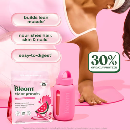 Bloom Clear Protein, Whey Protein Isolate with Collagen Peptides and Digestive Enzymes, 20g Protein, Sugar Free Post Workout Drink Mix, 90 Calories, Bloom Nutrition