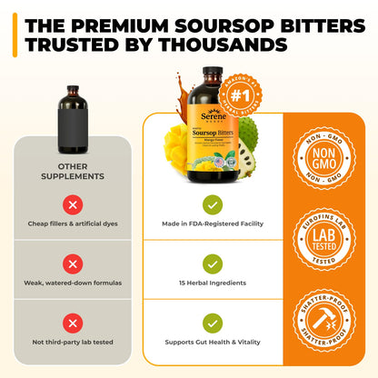 Serene Herbs Soursop Bitters Liquid with Soursop Leaves for Gut Cleanse, Detox & Immune Boost with Black Seed, Moringa, Irish Moss, Ashwaganda, Turmeric, 16 fl oz (16 Fl, Soursop)