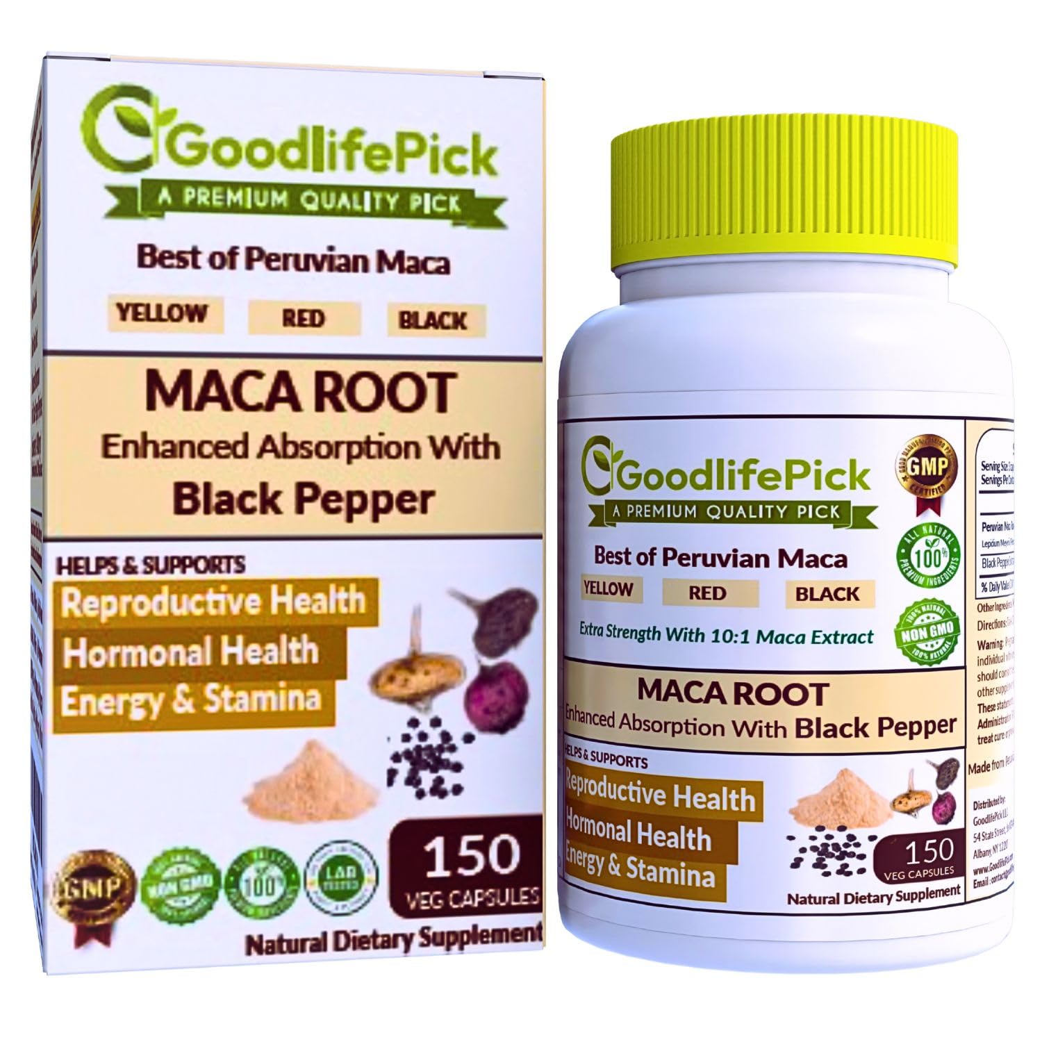 Peruvian Maca Root Capsules 150 ct. Powerful Maca Blend of Yellow Red & Black Maca Root with Black Pepper. All Natural NonGMO Vegan No Stearate No Rice Powder No Silica No Filler GoodlifePick buy australia supplements