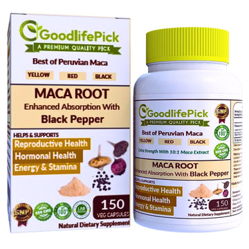 Peruvian Maca Root Capsules 150 ct. Powerful Maca Blend of Yellow Red & Black Maca Root with Black Pepper. All Natural NonGMO Vegan No Stearate No Rice Powder No Silica No Filler GoodlifePick buy australia supplements