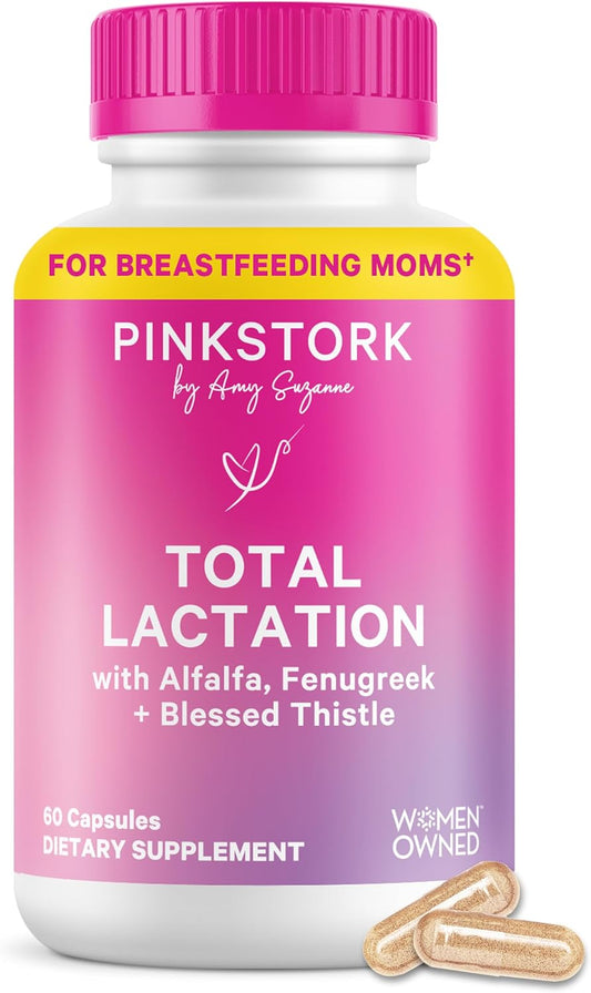 Pink Stork Total Lactation Supplement for Breast Milk Supply, Organic Fenugreek and Alfalfa to Support Breastfeeding, Milk Flow, and Production, Postpartum Essentials - 60 Capsules
